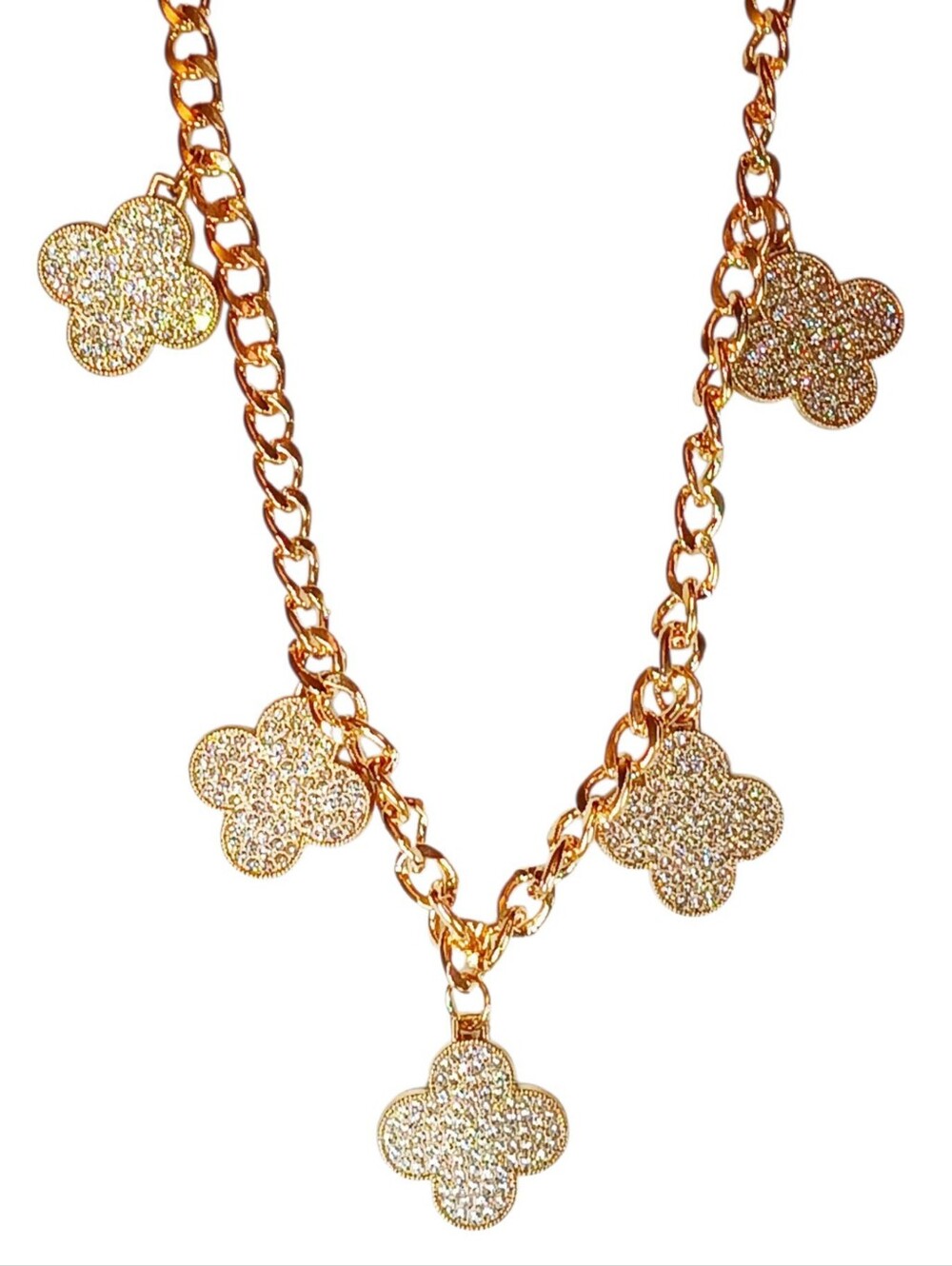 Long Clover Charm Station Necklace Frost Ice Luxe Bling 2000s Modern Retro Glam